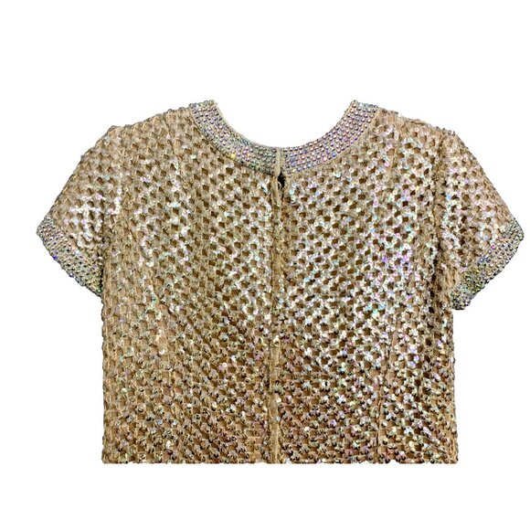 Vintage Mod Gold Knit Sequin Lined Rhinestone Collar Shift Dress Pat Sandler - Picture 5 of 9